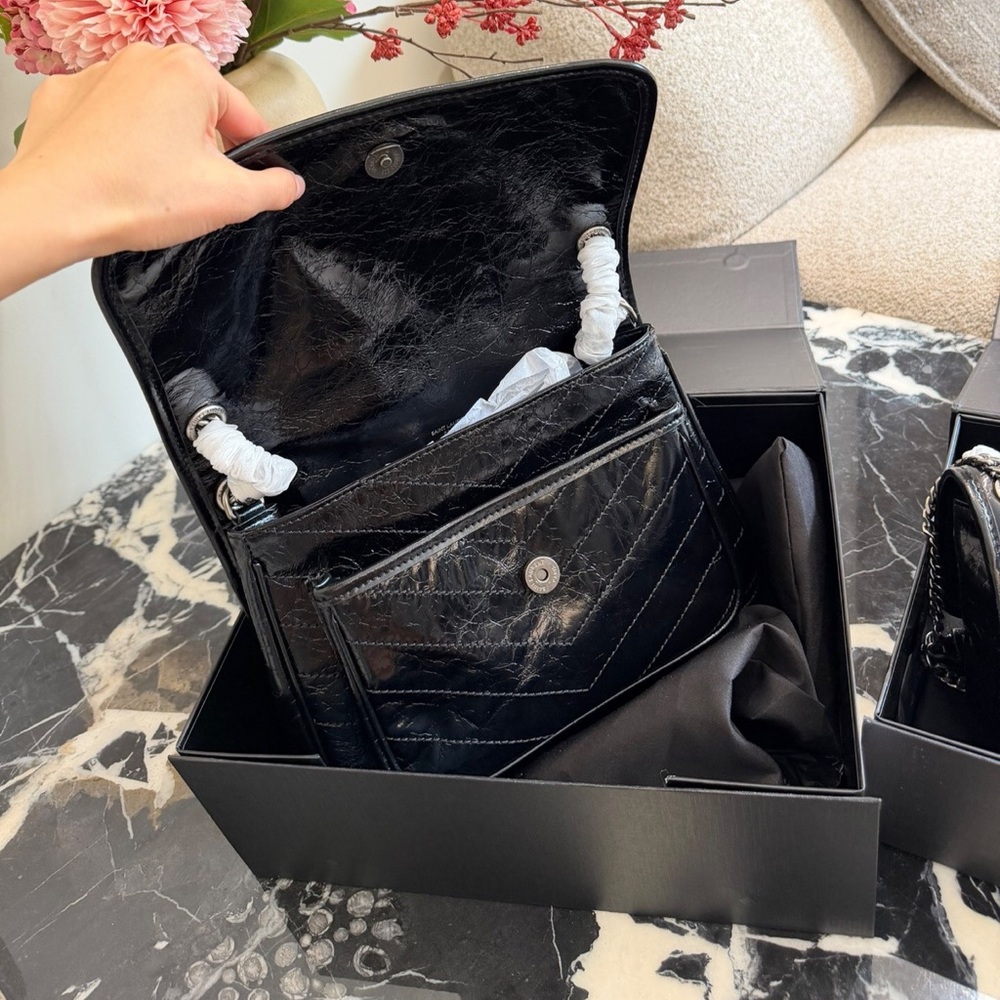 Yves Saint Laurent Black Quilted Leather Shoulder Bag with Silver Chain